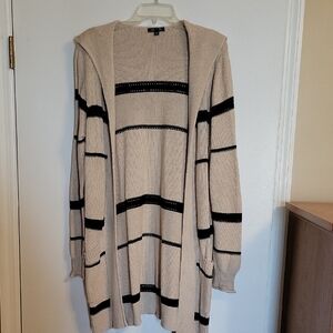 Women's Beige and Black Hooded Striped Sweater